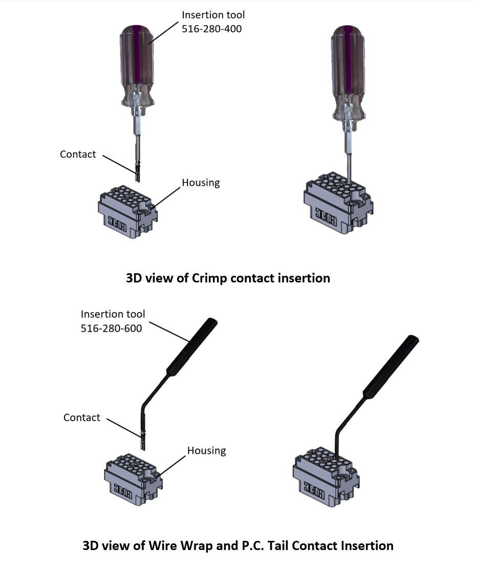 Insertion of crimp and wire wrap contacts for a rectangular connector