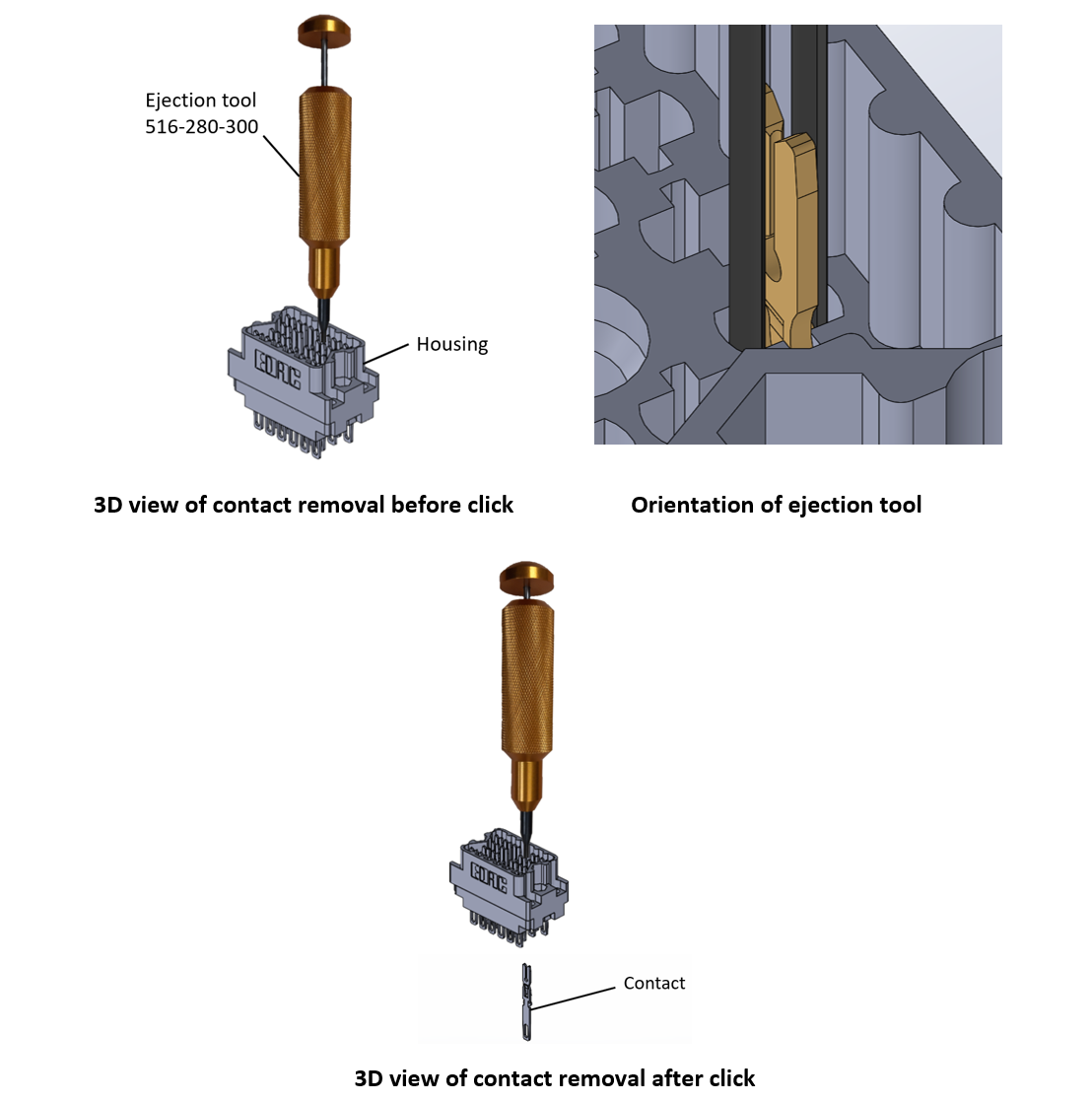 Removal of rectangular connector contacts using ejection tool